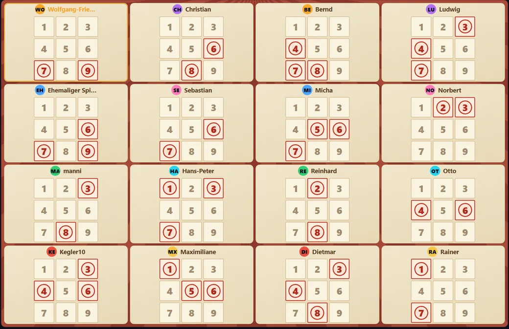 Das Bingo-Spielfeld in KegelKönig mit den bereits angekreuzten Zahlen